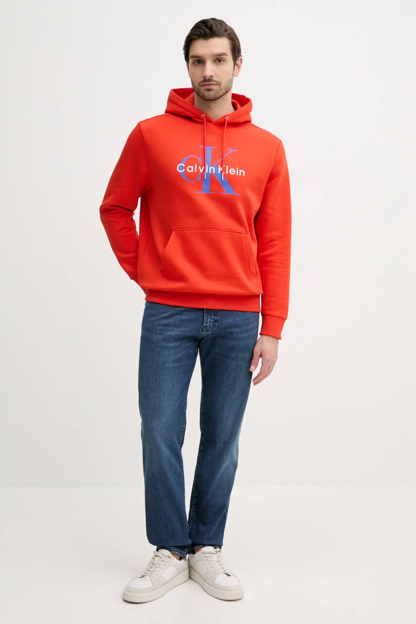 Кофта Calvin Klein Jeans чоловіча колір помаранчевий з капюшоном з принтом LV040BM800