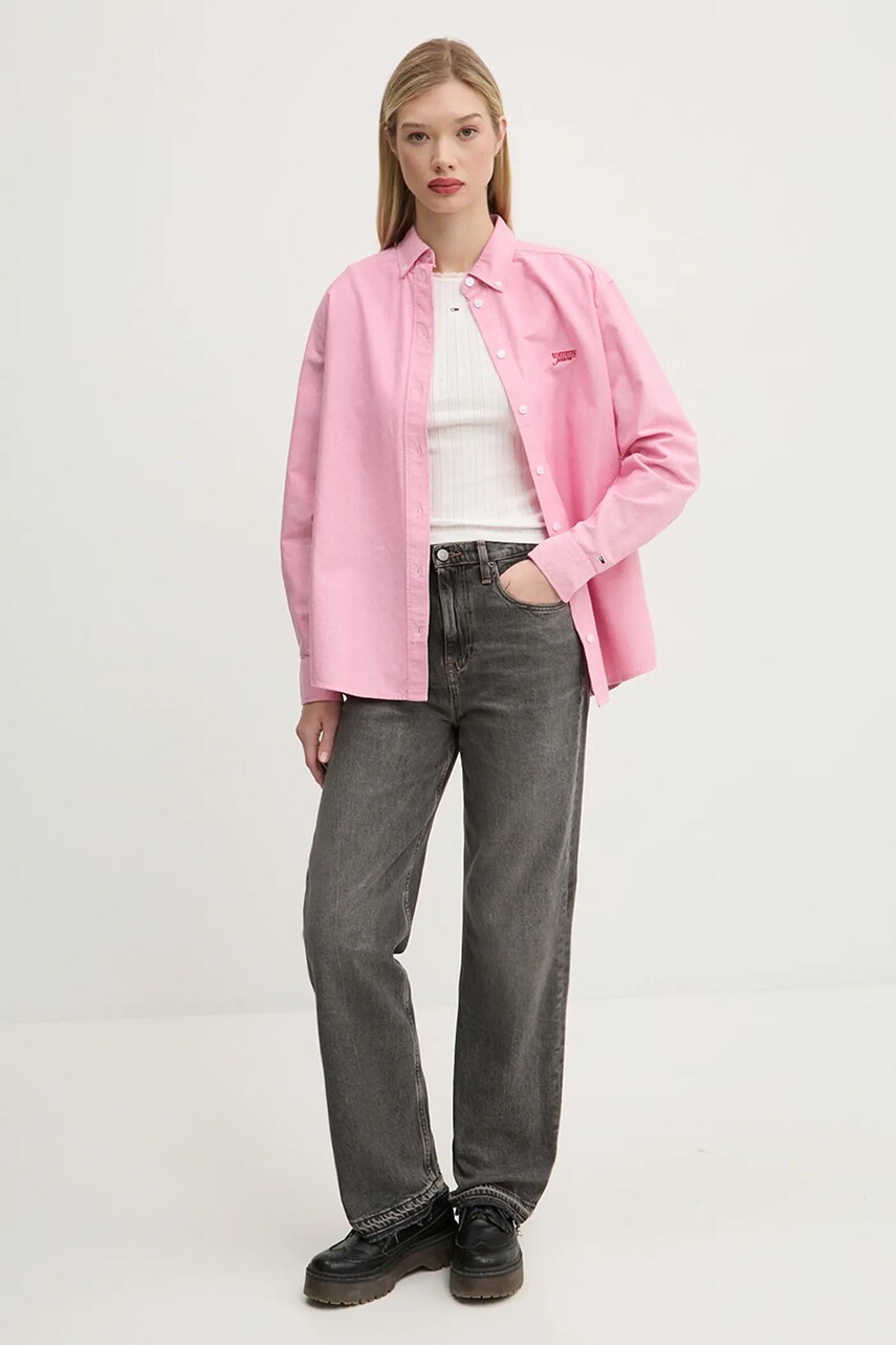 Бавовняна сорочка Tommy Jeans жіноча колір рожевий relaxed класичний комір DW0DW19358