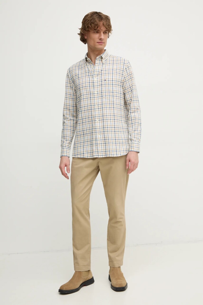 Сорочка з домішкою льону Tommy Hilfiger колір бежевий regular комір button-down MW0MW37573