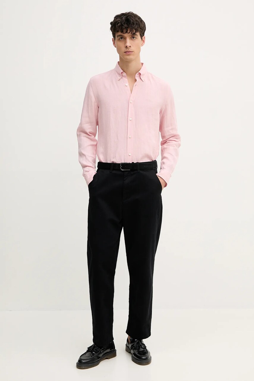 Сорочка з льону BOSS чоловіча колір рожевий slim комір button-down 50520283
