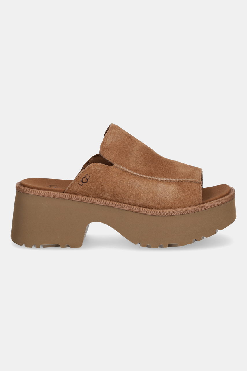 Замшеві шльопанці UGG New Heights Slide жіночі колір коричневий на платформі 1167476-CHE