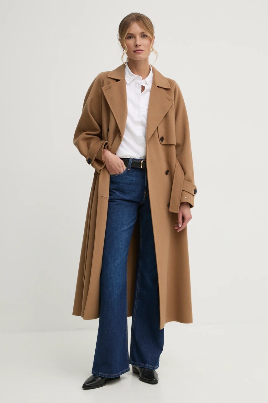 Вовняне пальто Tommy Hilfiger колір коричневий перехідне двобортне WW0WW45919