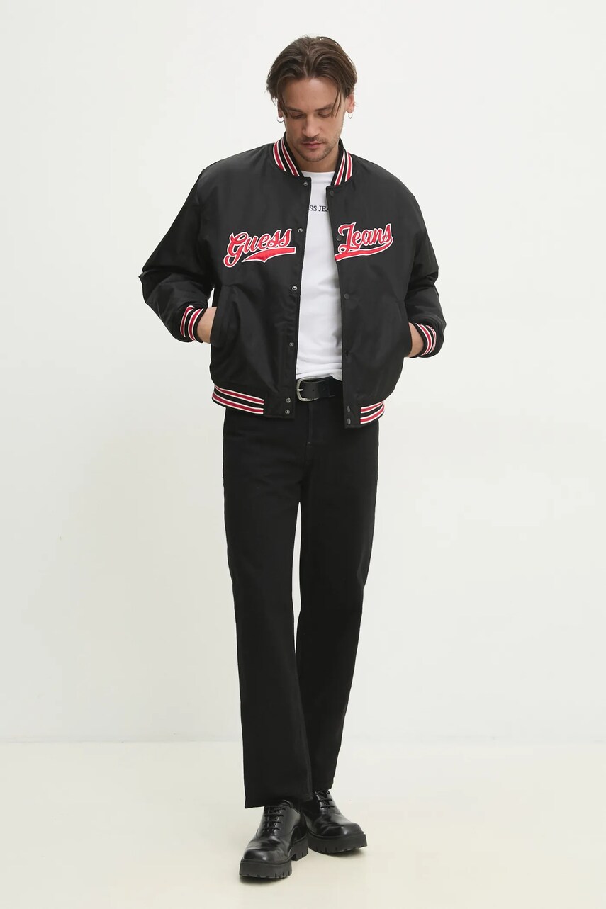 Куртка-бомбер Guess Jeans колір чорний зимова oversize M5RL54 WHAA2