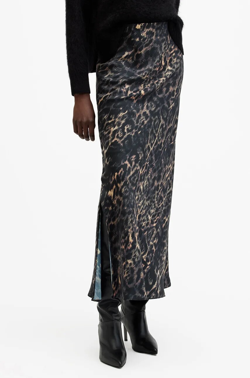 Спідниця AllSaints BRYONY колір коричневий midi розкльошена W069RB