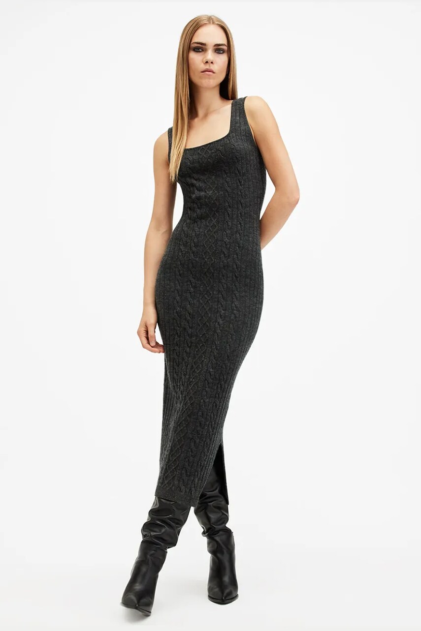 Сукня і светр з домішкою вовни AllSaints MURIEL колір сірий maxi облягаюча W205DB