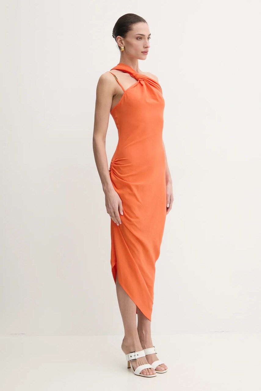Сукня з домішкою льону Versace Jeans Couture колір помаранчевий midi облягаюча 78HAO903 N0432