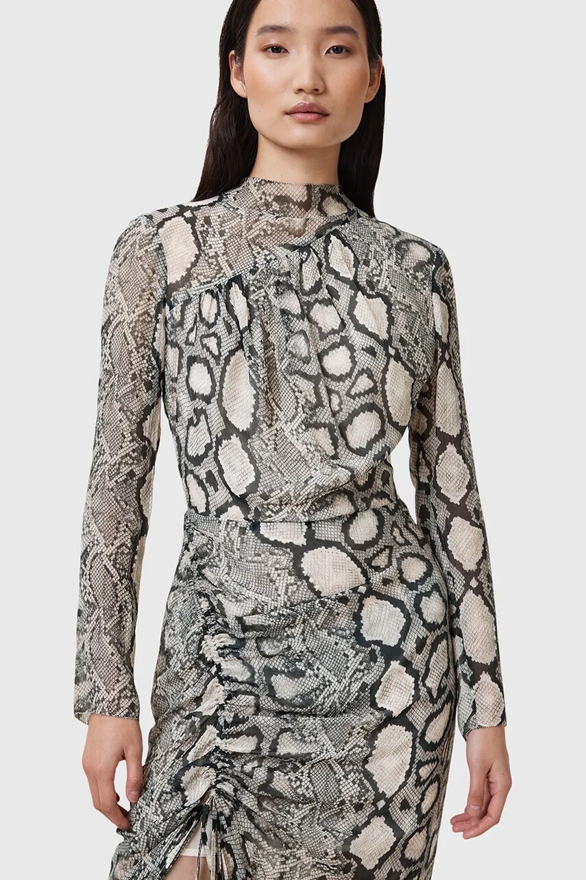 Сукня з домішкою шовку AllSaints RIZO midi облягаюча W050DC